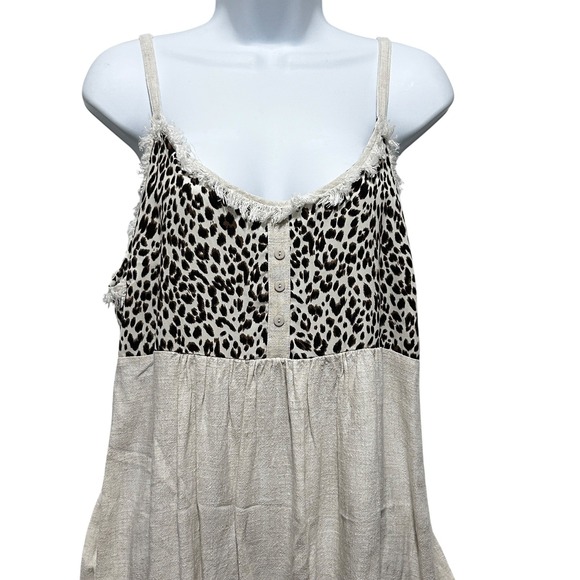 Umgee Womens Babydoll Fringed Tank Top L Beige Leopard Print Y2K Coquette Boho - Picture 3 of 10